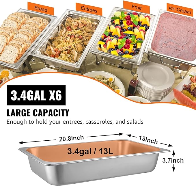 VEVOR Hotel Pans Full Size 4-Inch Deep, Steam Table Pan 6 Pack,0.8mm Thick Stainless Steel Anti Jam Steam Table Pan for Home, Party, Restaurant, Hotel, Buffet