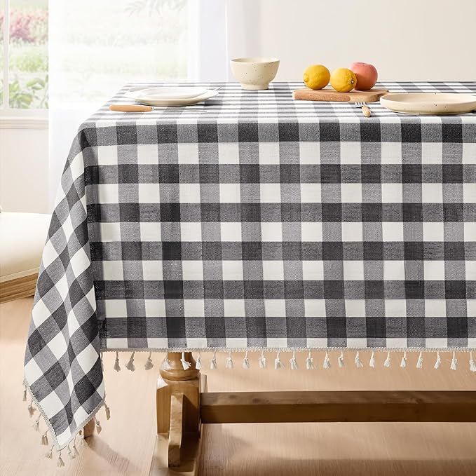Softalker Checkered Tablecloth Rectangle, Outdoor Linen Cotton Gingham Table Cloth with Tassel, Heavy Duty Wrinkle Free Buffalo Plaid Table Cover for Kitchen Dining Home Party - 55 x 84 Inch, Black