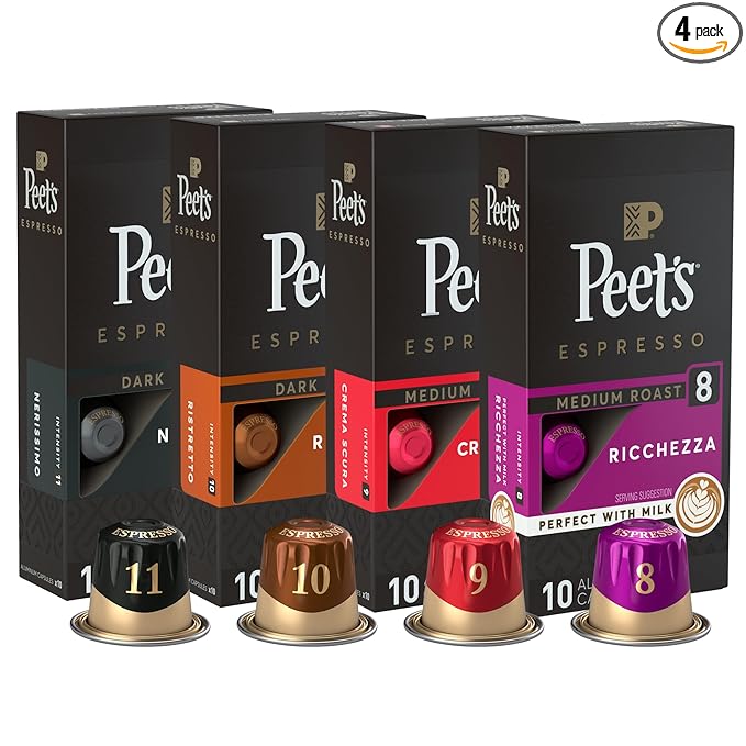 Peet's Coffee, Dark and Medium Roast Espresso Capsules Variety Pack, Compatible with Nespresso Original Machine, 100% Arabica Coffee - Intensity 8-11, 40 Count (4 Boxes of 10 Espresso Capsules)