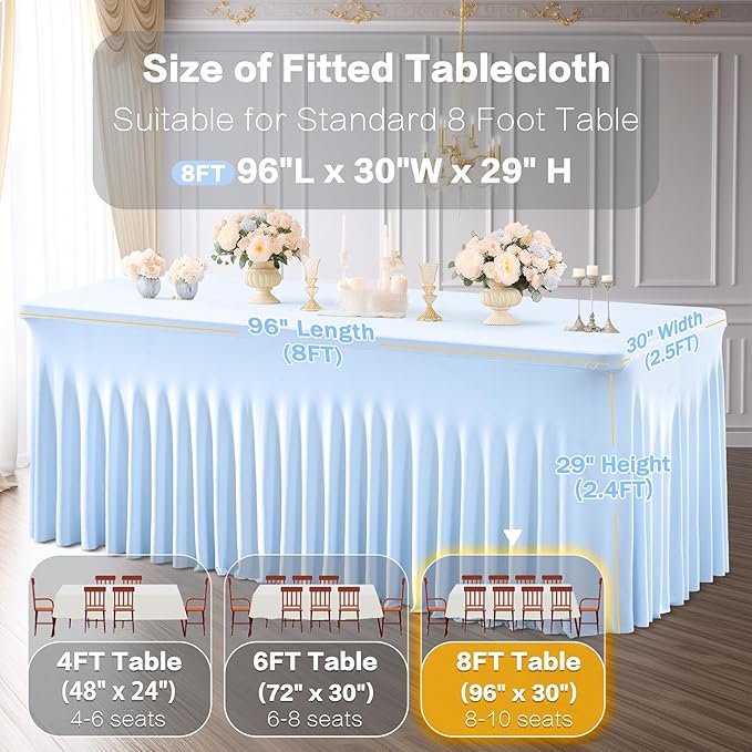 2 Pack Baby Blue Spandex Table Clothes for 8 Foot Rectangle Tables, Wrinkle Free Fitted Tablecloths Stretch Ruffles Table Cover for Party, Banquet, Wedding and Events