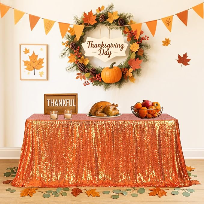 Eternal Beauty Orange Tablecloth, 50x80 Inch Sequin Rectangle Table Cover for Cake Dessert Exhibition Party Birthday Events