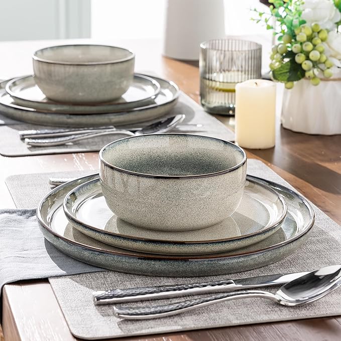 GBHOME Ceramic Dinnerware Sets for 8, 24 Pieces Stoneware Plates and Bowls Sets, Scratch Resistant Dishes, Dishwasher & Microwave Safe, Reactive Glaze-Green Wheat