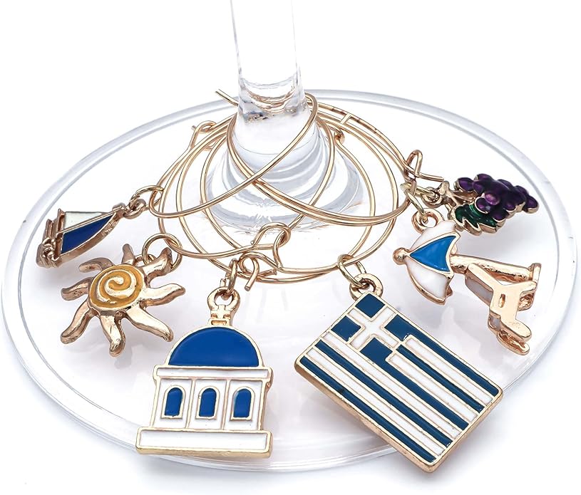 Serendipity Greek Wine Glass Charms, Gift for Greeks, Greece Inspired Glass Identifiers, Set Include 6 charms: Greek Flag, Santorini Chapel, Sun, Sunbed, Boat and Grape, Greek Woman Gift