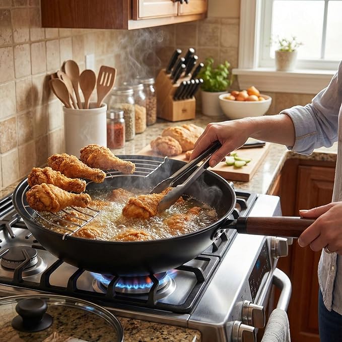 Carbon Steel Wok Pan, Nitrided Pre-Seasoned Round Bottom Woks & Stir-Fry Pans Nonstick, Chinese Wok with Glass Lid & Steel Rack for Gas for All Concave Stovetops, Gift for Chef - 13.4"