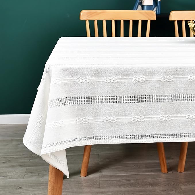 White Cotton Rectangle Tablecloth (52''x52'', 4 Seats) - Heavy Duty, Farmhouse Vintage, Washable
