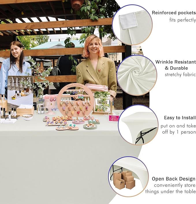 Nasitos 2 Pack Spandex Fitted Tablecloth for 4 Foot Tables-Open Back Folding Table Cover Washable Fabric Stretch, Tight and Wrinkle Resistant Table Protector for Trade Show, Craft Show, Events, Ivory