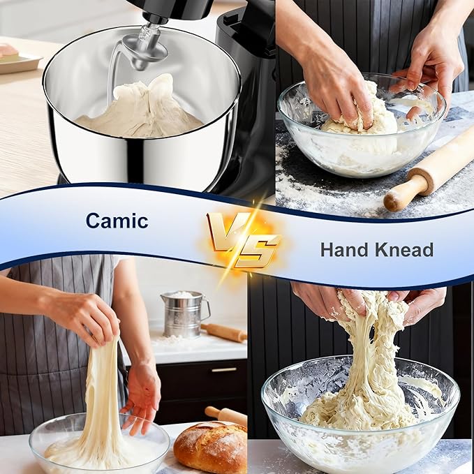 Camic Stand Mixer, 4.2QT+5.3QT Two bowls Electric Food Mixer, 10 Speeds with Digital setting 3-IN-1 Kitchen Mixer for Baking Cakes Cookie Bread Salad with Egg Whisk,Dough Hook,Flat Beater(Black)