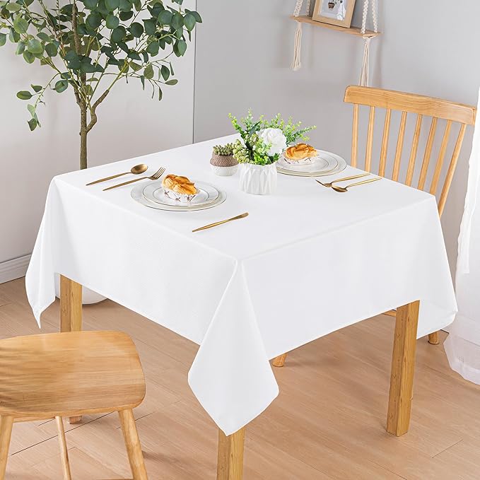 Hiasan 54 X 54 Inch Square Textured Tablecloth - Waterproof Spillproof Antiwrinkle Jacquard Table Cloth for Kitchen and Dining Dinner, Outdoor Picnic, Holiday and Parties, White