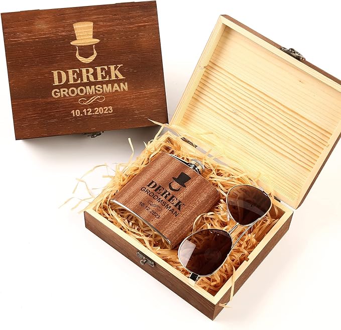 Personalized Flask Set, Mens Gifts, Engraved Flask & Wooden Sunglasses Gift Set, Groomsmen Gifts