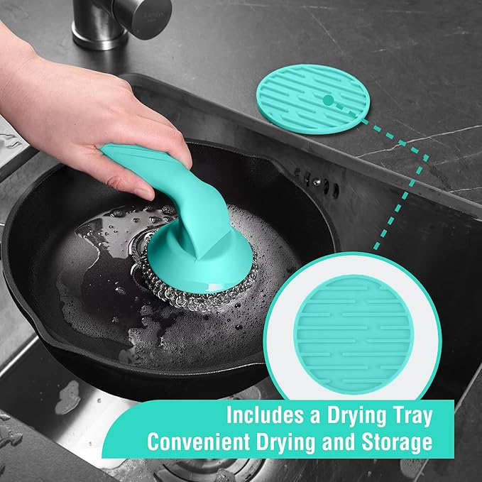 HAUSHOF Cast Iron Scrubber with Long Handle, Chainmail Scrubber Cast Iron Cleaner for Pan, Kitchen Cleaning Kit for Grill, Dutch, Oven