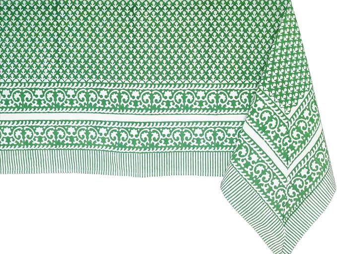 ATOSII Queen Green 100% Cotton Tablecloth, Handblock Print Rectangle Table Cover for Kitchen Dining I Tabletop Linen I Parties, Thanksgiving, Christmas, Wedding, Fall Table Cloth 60 X 90 Inches