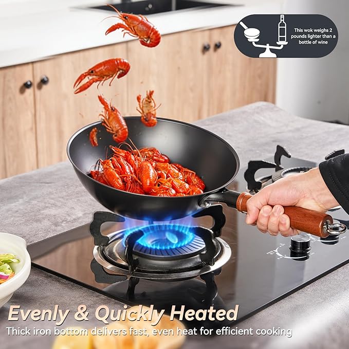 WANGYUANJI 10.2-Inch Lightweight Carbon Steel Wok, Flat Bottom Stir Fry Pan, No Chemical Coating, with Glass Lid, Spatula & Detachable Wooden Handle, for Gas, Electric & Induction