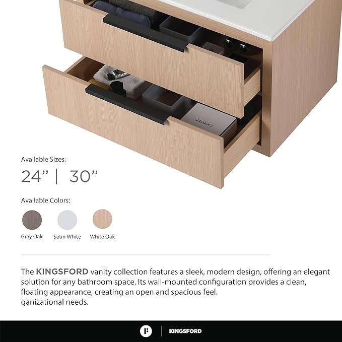 Fine Fixtures Kingsford Modern 30 Inch Bathroom Vanity with Sink, White Oak Finish, Elegant Bathroom Vanities for Modern Homes, Stylish Storage Solutions for Bathrooms