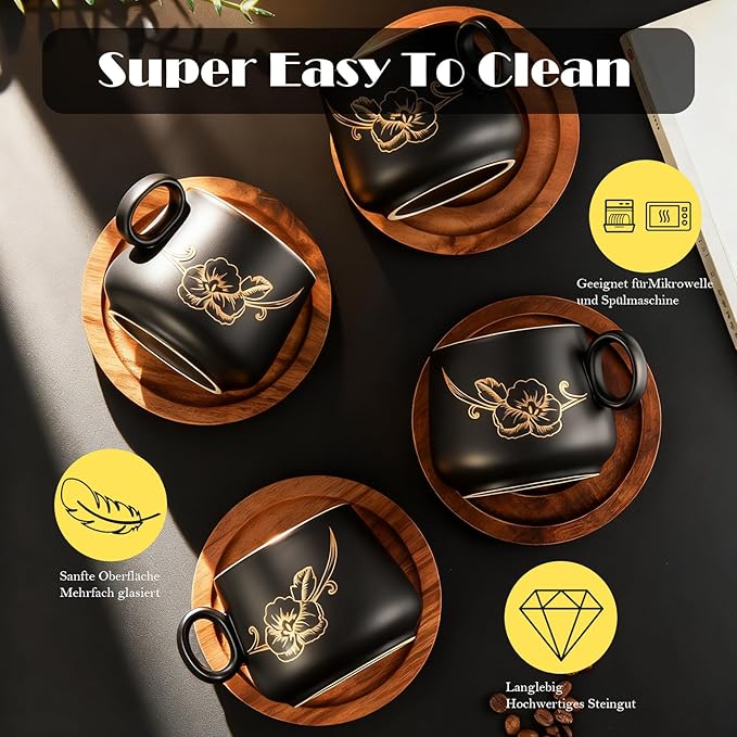 Yundu 10oz Cappuccino Cups & Wooden Saucers Set with Gold Floral Art, Latte Art Cup for Espresso, Coffee & Tea, Modern Matte Black Ceramic Tea Cup Set of 4
