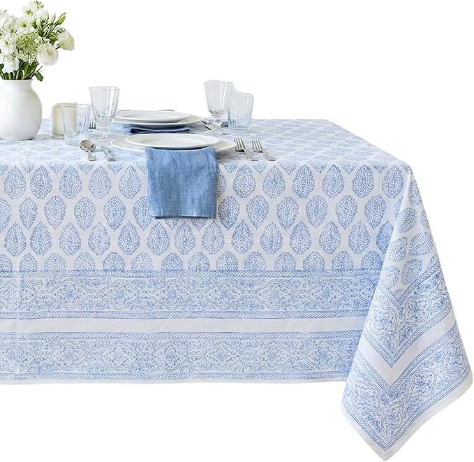ATOSII Amalfi 100% Cotton Boho Rectangle Fall Tablecloth, Handblock Print Table Cloth for Kitchen I Dining Table Linen Fall Décor I Parties Wedding Outdoor Christmas Thanksgiving I Fall 60 X 90 Inches