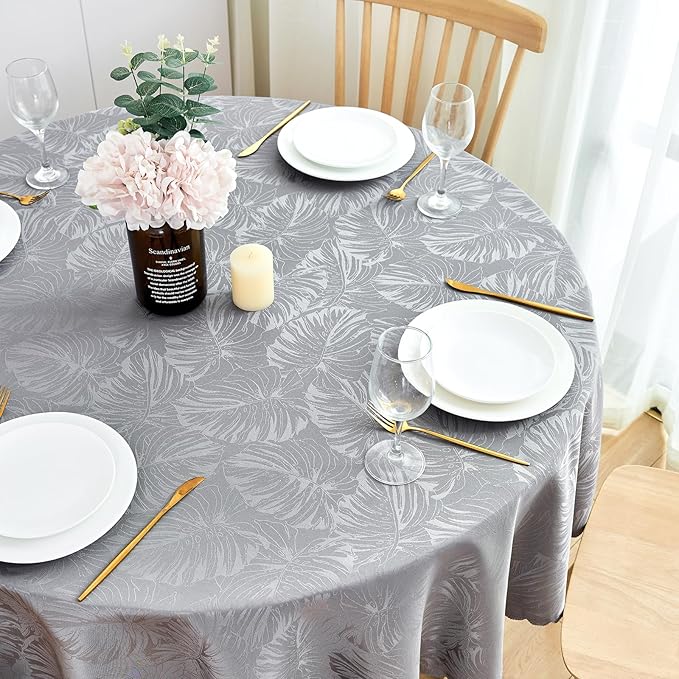 Round Tablecloth Grey Table Cloth Leaves Pattern Scalloped Edge Silky Soft Waterproof Washable 50 Inch Fabric Table Cover for 20-38" Dining Kitchen Party Banquet Patio Decoration
