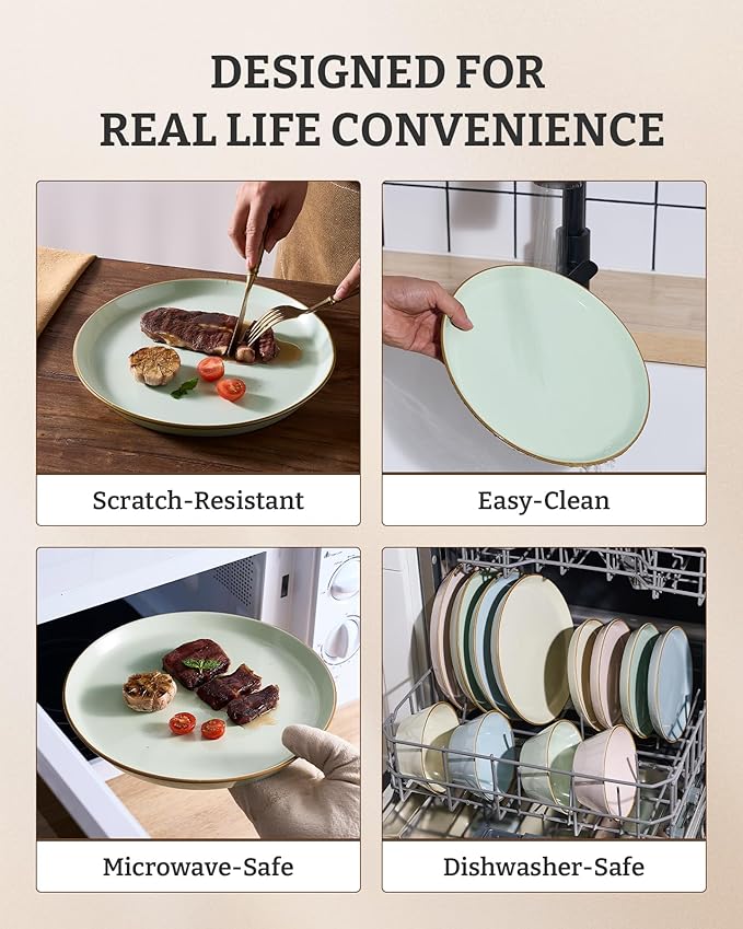Famiware Saturn Stoneware Dinnerware Sets for 8 (24 Pieces), Ceramic Plates and Bowls Dish Sets with Hand-Painted Trim - Chip & Scratch Resistant, Microwave & Dishwasher Safe Tableware, Light Green