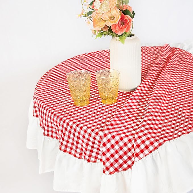 MONDAY MOOSE Gingham Checkered Farmhouse Rustic Ruffle Style Decoration Round Natural Stonewashed Cotton Tablecloth for Kitchen, Dining Room, Restaurant (60" Round, Red/White)
