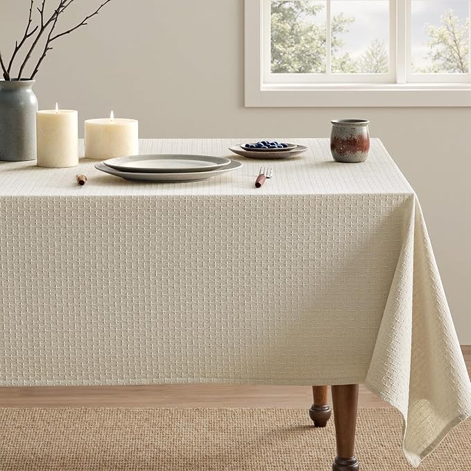 MIULEE Natural Beige Linen Cotton Table Cloth Rectangle Tablecloth Spring Waterproof Spillproof Cross-Star Textured Table Cltoth Decorative Farmhouse Style for Dining Party Weddings 60x104 Inch