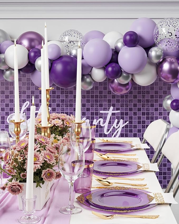 Nervure 350PCS Purple Plastic Plates - Disposable Purple Gold Party Plates & Pre Rolled Napkins with Cutlery for 50 Guests, 100Plates, 150 Silverware, 50 Cups, 50 Napkin for Wedding & Party & Bridal