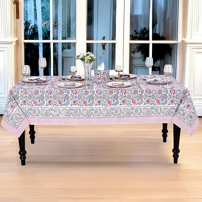 Ridhi Hand Block Print Pigeon Blue Flamingo Pink Rectangle Cotton Tablecloth 160" x 72" Reusable Table Cover Decorative Everyday Use for Dining, Farmhouse, Home Gift for Spring, Easter, Valentine