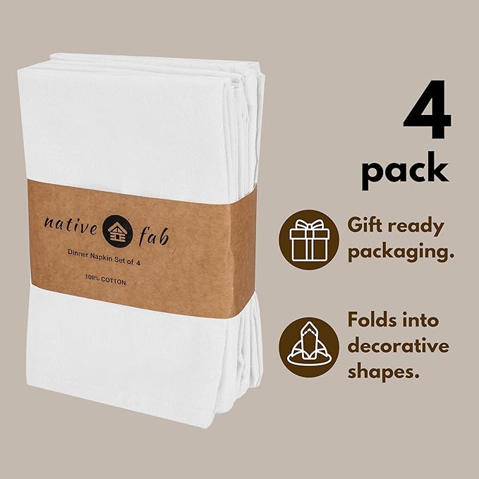 Native Fab Solid Cloth Napkin Set of 4, 100% Cotton, Washable, Reusable Dinner Cloth Napkin 17x17 inches, Table Decor Napkins for Dinner, Events, White