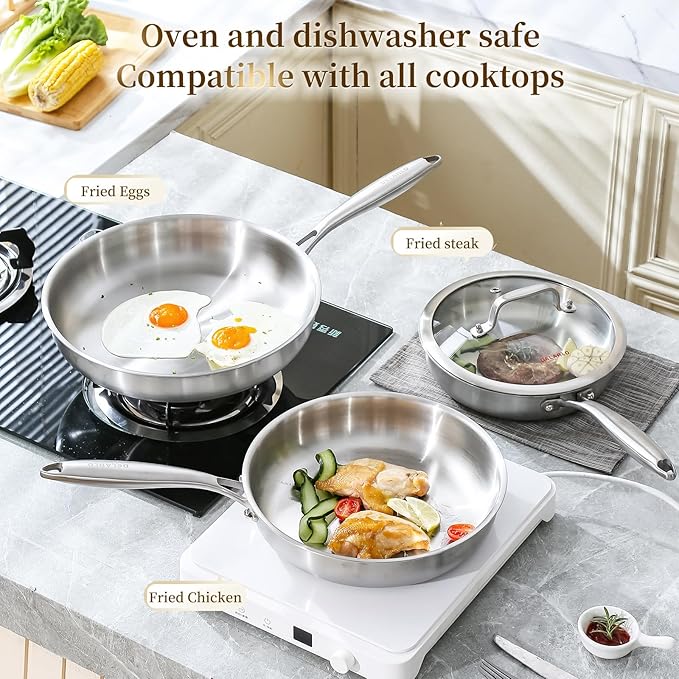 DELARLO Tri-ply Stainless Steel Frying Pan Set with Lid 8" 10" 12" Induction large Skillets Chef's Pan,Pots and Pans Set Kitchen Cookware Set Suitable for All Stove