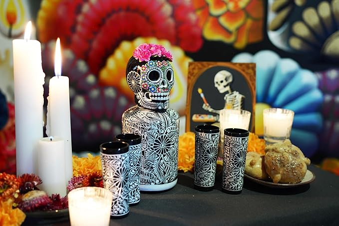 Tequila Decanter Set, Liquor Decanter with Shot Glasses and Mexican Sombrero, Hand-painted Decanter, Skull Decanter, Bar Decoration, Unique Tequila Gift, Gift For Dad (Black Catrina Set)