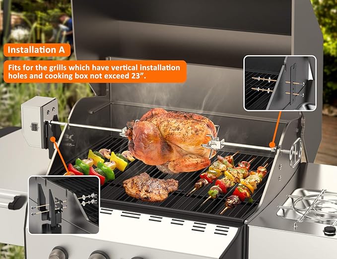 only fire Stainless Steel Rotisserie Kit Grilling Accessories with 6 Watt 110V Electric Motor for Gas Grills - 28 × 0.35 Inch Hexagon Spit Rod