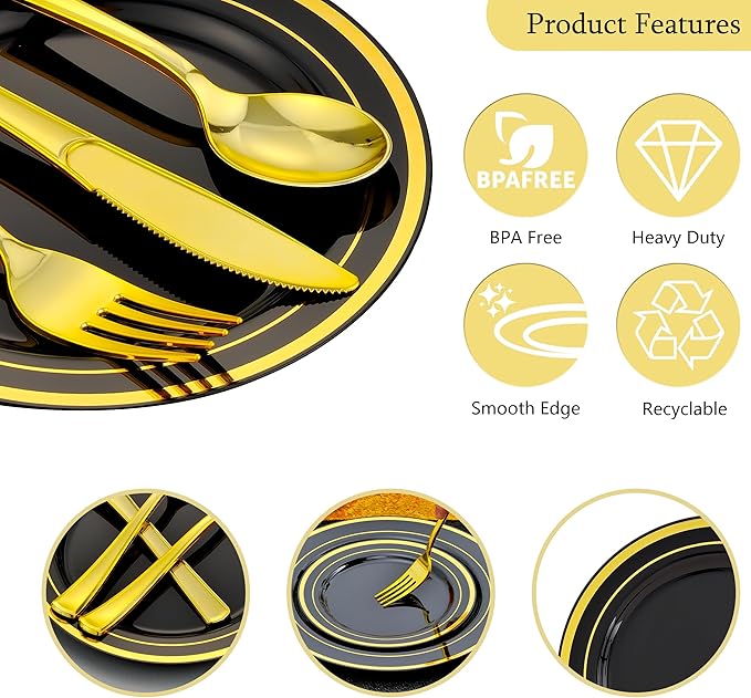 350 PCS Black and Gold Dinnerware Set for 50 Guests, Black Plastic Disposable Plates with Gold Rim for Party -50 Dinner Plates, 50 Dessert Plates, 150 Silverware Set,50 Napkins and 50 Cups