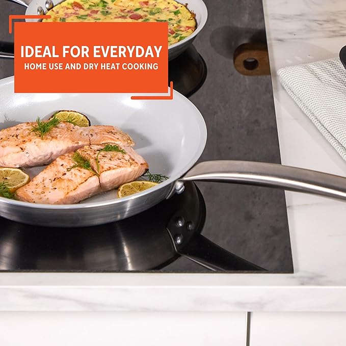 IMUSA 10” Stainless Steel Frying Pan with Gray Ceramic Non Stick Coating, 2 Ply Aluminum Construction, Oven Safe and Induction Compatible Skillet