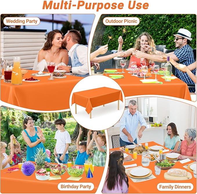 2 Pack Picnic Table Cover, 108 x 54 Inches Orange Plastic Tablecloth, Rectangle Tablecover Orange Disposable Tablecloth, Tear Resistant Table Decor Party Supplies for Wedding Birthday Anniversary