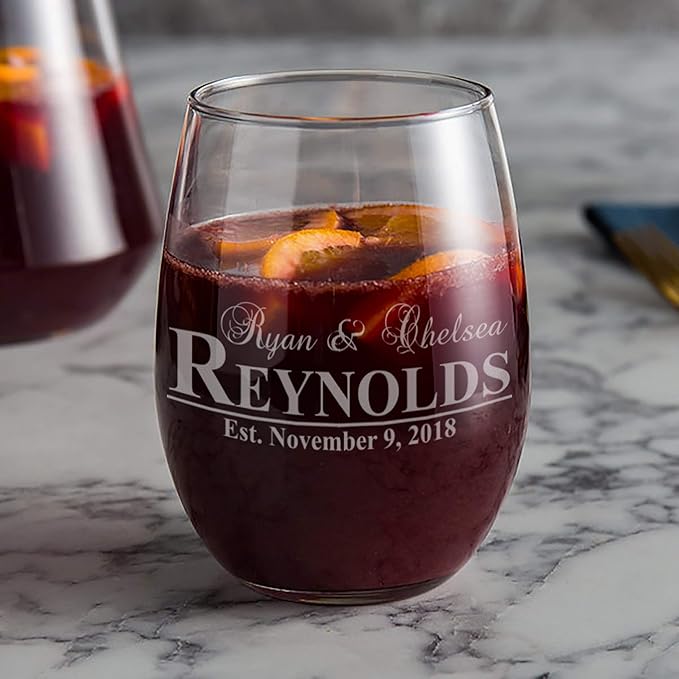 Personalized Wedding Wine Glass, Premium 21oz Stemless Wine Glass Laser Engraved with your Wedding Anniversary Information! | Wedding Shower Gifts for the Bride or Groom!