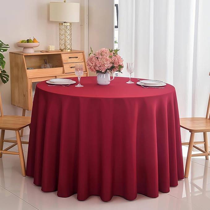 6-Pack Round 90-inch Burgundy Table Cloths, Solid Stain and Wrinkle Resistant Circular Tablecloth, Premium Plain Weave Polyester Fabric Table Linen Covers for Hotel, Banquet