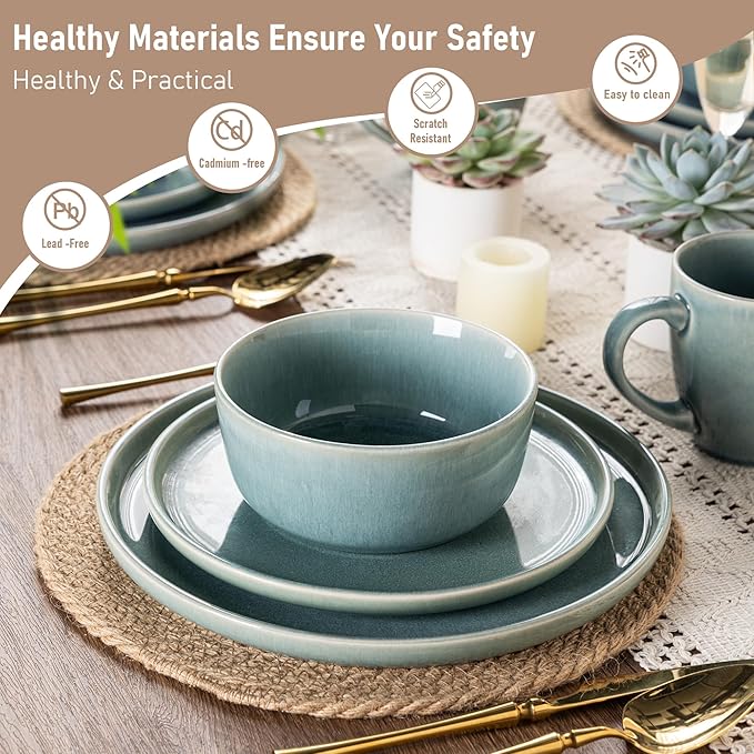 GBHOME Ceramic Dinnerware Sets for 6, 18 Pieces Stoneware Plates and Bowls Sets, Scratch Resistant Dishes, Dishwasher & Microwave Safe, Reactive Glaze-Malachite Green