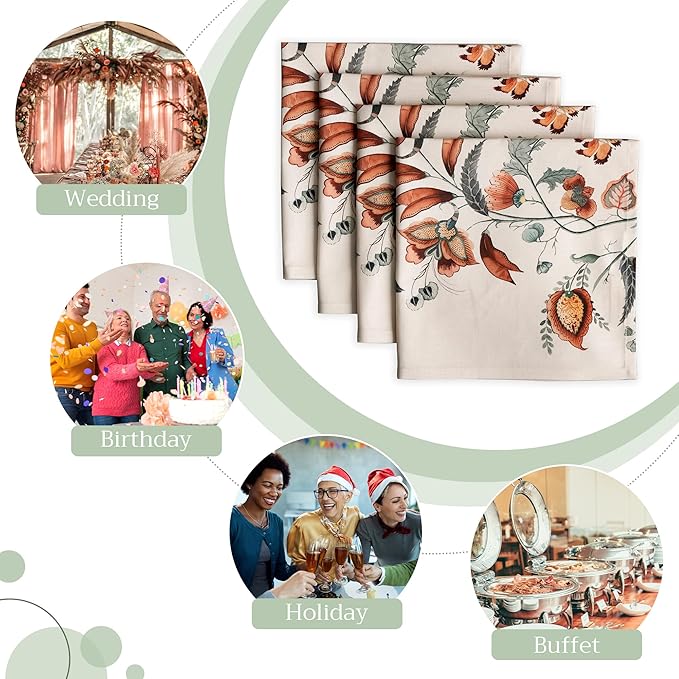 Maison d' Hermine Cloth Napkins Set of 4 100% Cotton for Thanksgiving Christmas Decorations Everyday Reusable Square Fall Napkins Cloth Washable Dinner Party (Dalida, 20"x20")