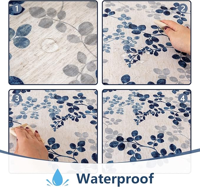 MYSKY HOME Floral Print Rectangle Tablecloth - Waterproof Linen Farmhouse Tablecloth for 8 Feet Table, 60 x 120 Inches, Blue