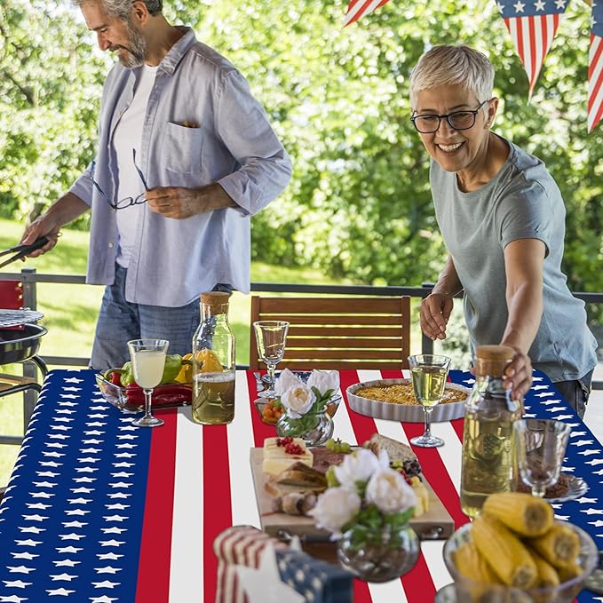 QZYL 6 Pack 4th of July Decorations, 54" x 108" USA Plastic Table Cover, Water Proof Fourth of July Tablecloth Patriotic Tablecloths, Red White Blue USA Decor Memorial Day Party Supplies