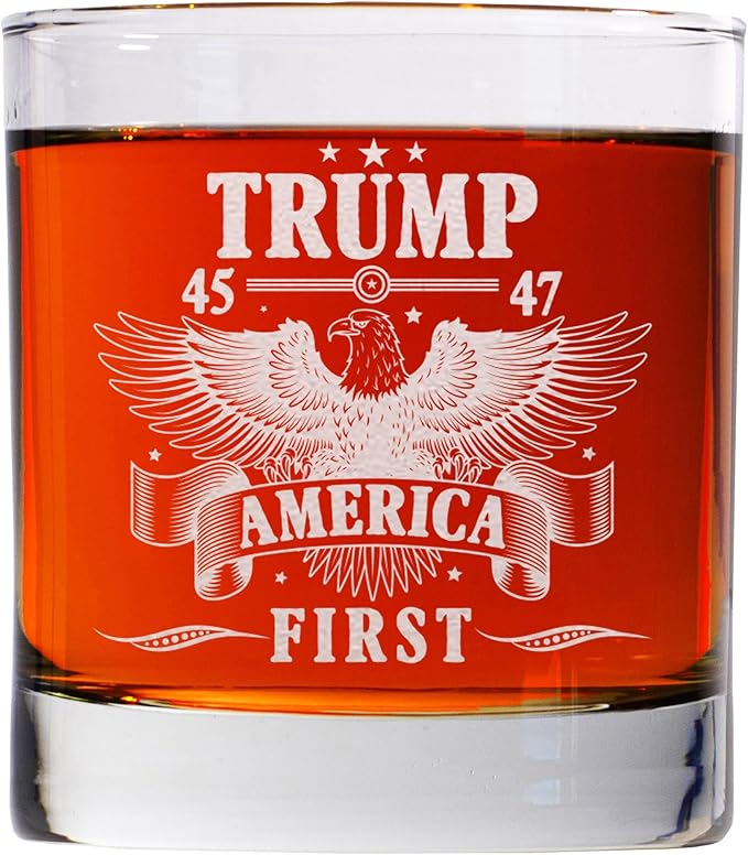 Donald Trump America First Whiskey Glass - Laser Engraved 11oz Old Fashioned Glass, Political Gift for Men, MAGA Merch, Right-Wing Collectible