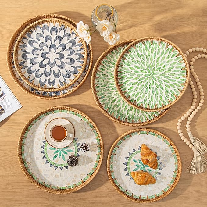 14 inch Round Rattan Tray Home Decor, Wicker Serving Tray with Mother of Pearl Inlay, Boho Decorative Tray for Coffee Table, Display, Ottoman, Kitchen Table, Bathroom (Green)