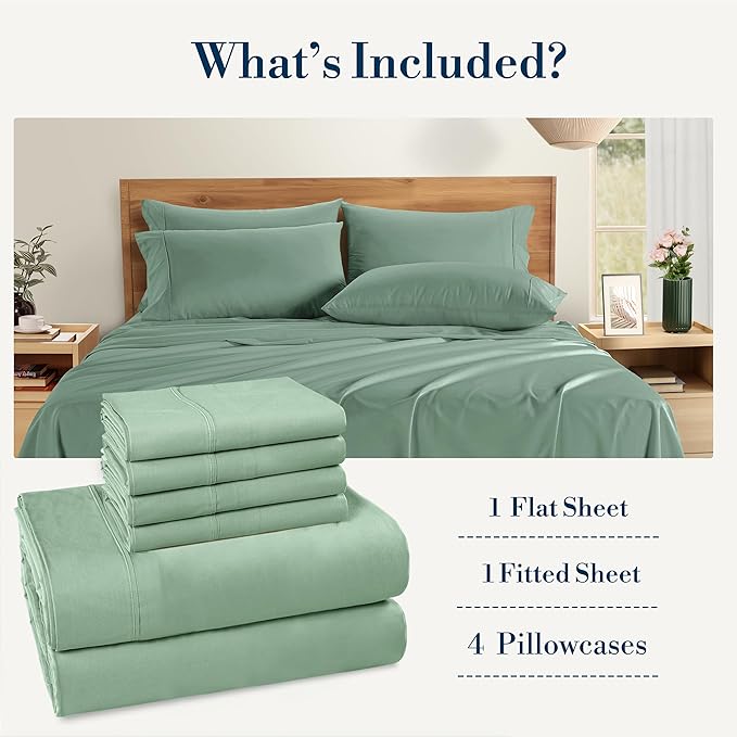 Casa Platino Full Bed Sheets – 100% Cotton Sheets with 4 Pillowcases, Crisp Percale Weave & Cozy Feel, Cooling & Breathable Full Sheet Set with 15" Deep Pocket, Excellent Quality & Fit – Sage Green