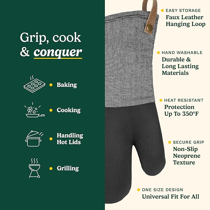 Cuisinart Kitchen Oven Mitts – Heat-Resistant Kitchen Mitts for Oven with Non-Slip Neoprene Palm, Long Cuff, and Cotton Filling – Durable Oven Gloves for Cooking, Baking, & Grilling