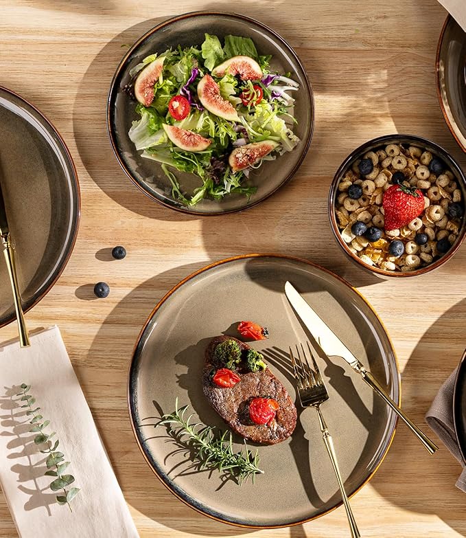 TheTerra Ceramic Dinnerware Sets for 4, 12 Pieces Handmade Reactive Glaze Plates and Bowls Set, Scratch Resistant Dish Set, Oven & Microwave & Dishwasher Safe