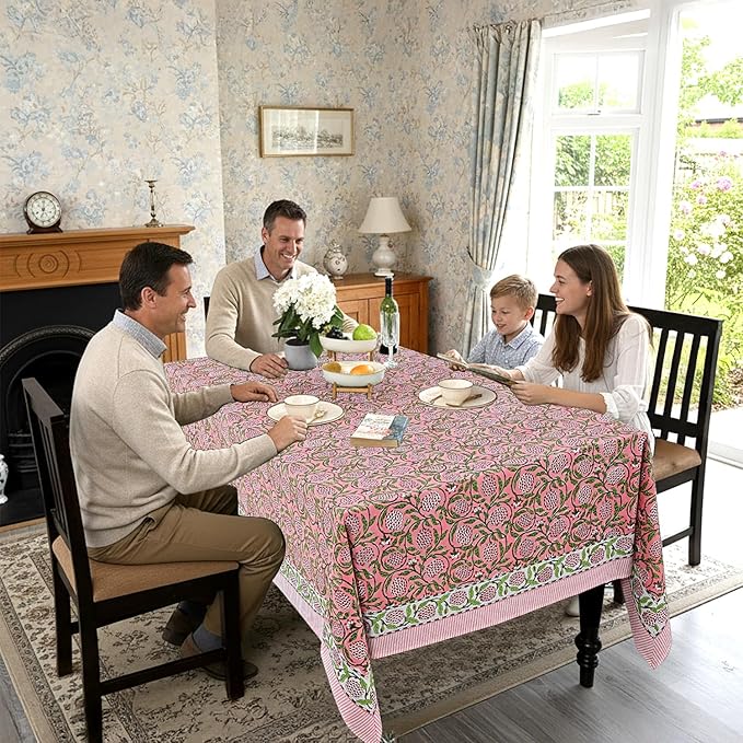 Ridhi Hand Block Print Strawberry Pink Rectangle Cotton Tablecloth 160" x 72" Reusable Table Cover Decorative Everyday Use for Dining, Farmhouse, Home Gift for Spring, Easter, Valentine