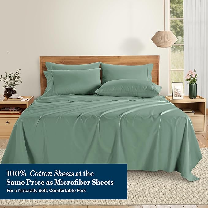 Casa Platino Full Bed Sheets – 100% Cotton Sheets with 4 Pillowcases, Crisp Percale Weave & Cozy Feel, Cooling & Breathable Full Sheet Set with 15" Deep Pocket, Excellent Quality & Fit – Sage Green