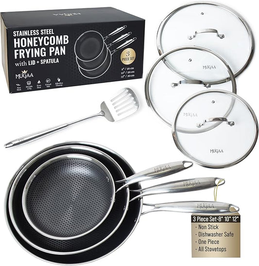 Stainless Steel Frying Pan Set, Sartenes de Acero Inoxidable 3-Piece Honeycomb Nonstick Skillets 8", 10", 12" With Lids, Spatula, Oven & Induction Compatible, Dishwasher Safe Pan Set