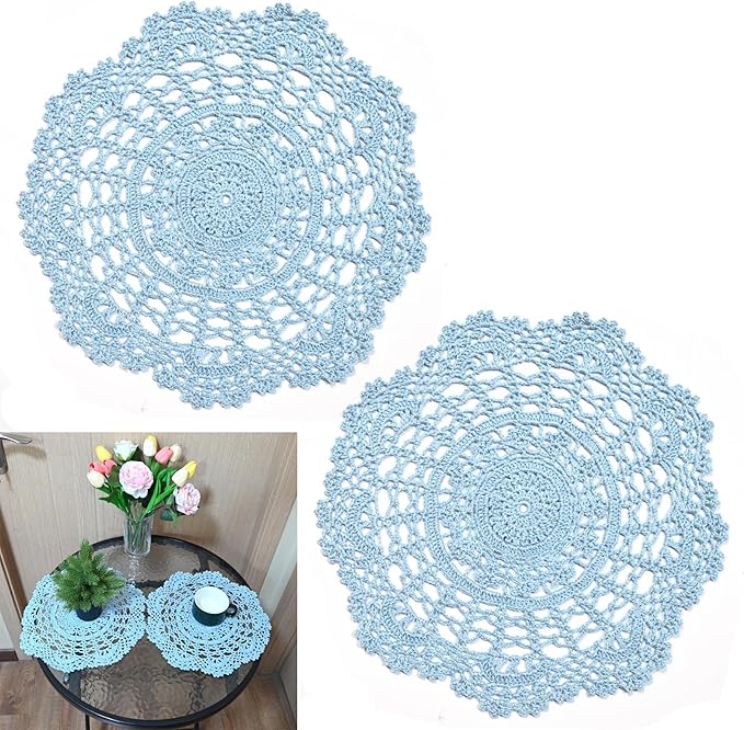 BIBITIME 2PCS Lace Table Doilies Kitchen Placemats Round Handmade Crochet Flower Cup Mug Mat Doily (Light Blue, 13 inches to 14 inches,2PCS)