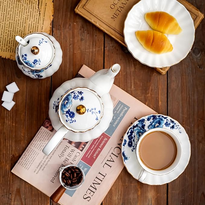Tea Pot, Porcelain Teapot 37oz,tea pots for tea party,Tea Infuser Pots for Blooming loose Leaf Tea (White with blue flower)
