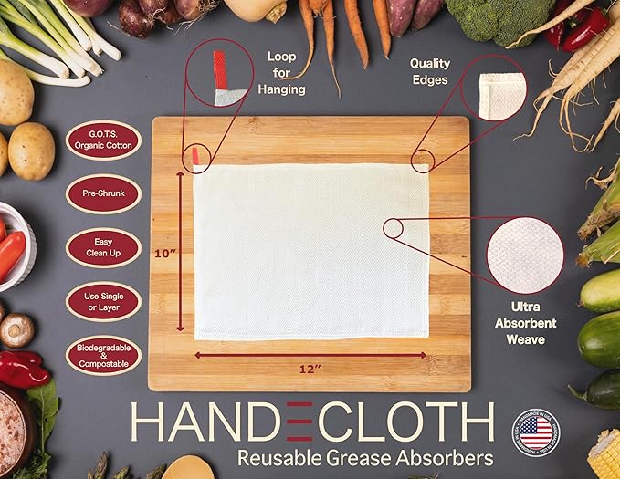Reusable Bacon Grease Towel/GOTS Organic Cotton/Made in USA/Microwave Safe/Plastic Free Paper Towel Replacement / 10 x 12 / Food Oil Sponge for Fried Chicken or Bacon Lover Gift / 10 Pack