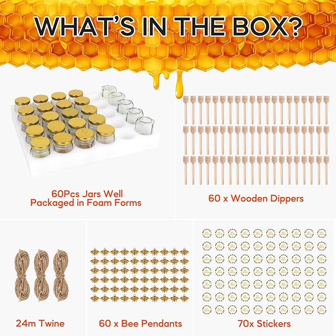 AuroTrends Mini Honey Jars with Dipper 1.5oz 60Pack, Empty Hexagon Honey Jars for Baby Shower Favors/Wedding Favors for Guests Bulk-Mini Glass Jar with Lids/Wooden Dippers (1.5 fl.oz-60Pack)